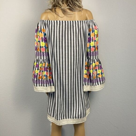 Velzera Striped Off Shoulder Vibrant Floral Embroidered Dress Medium - Picture 9 of 14